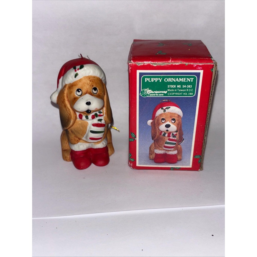 House of Lloyd Christmas Ornament Dog Santa Hat Puppy Cocker Spaniel 1988 W/ Box
